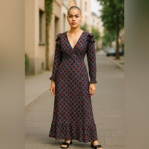 Scotch & Soda Tile Print Long Sleeve Red/Blue Print Maxi Dress Size XS Preowned